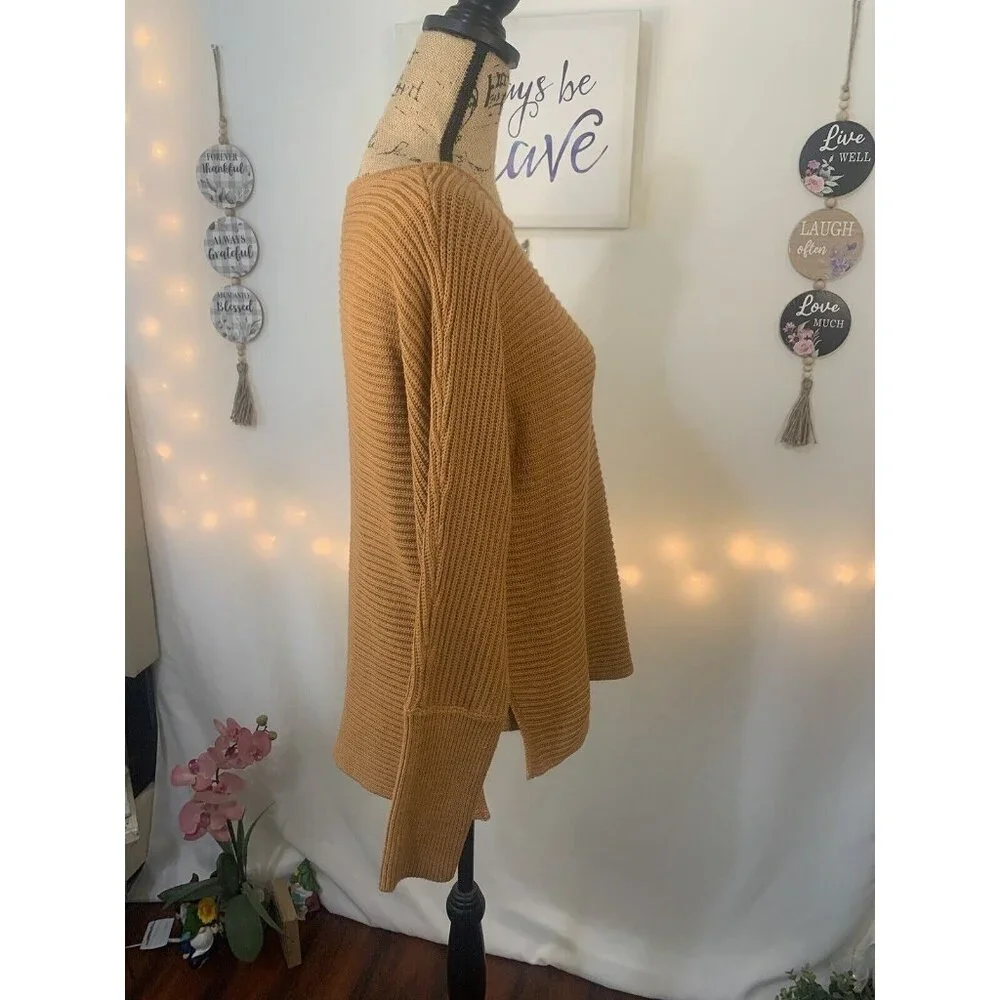 (B-67)Rachel Zoe Women’s L Camel Ribbed Knit Sweater Long Sleeve Cotton Blend Pu